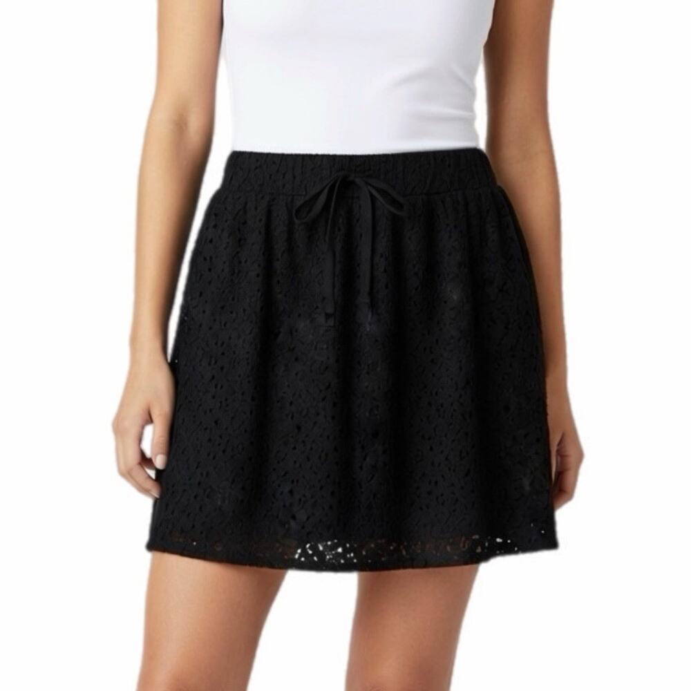 Lou & Grey Women's Lace Mini Skirt Size S Black Drawstring Waist Pockets Lined